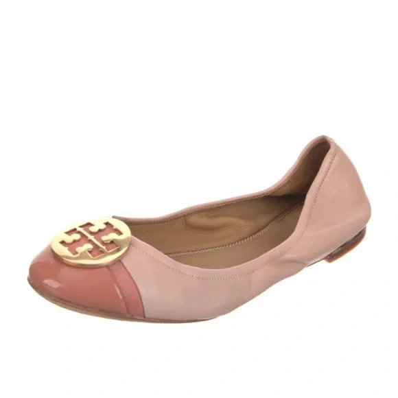 TORY BURCH Minnie Shell Pink Leather Logo Travel Ballet Flat Size 7.5 - Picture 3 of 7